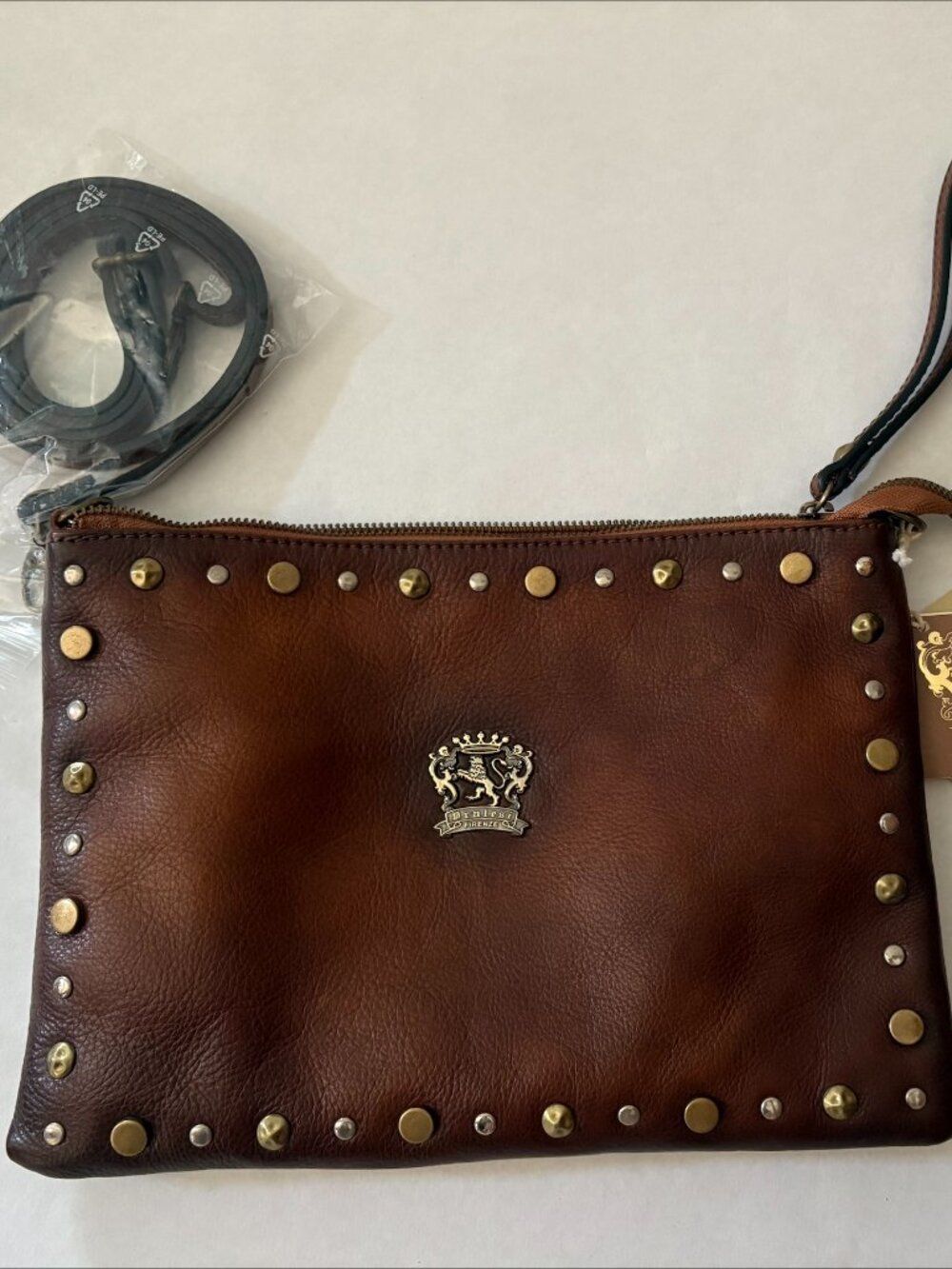 NWT Pralesi Firenze Cognac Burnished Brown Leather Clutch w/ Dust Bag Strap - Picture 2 of 5